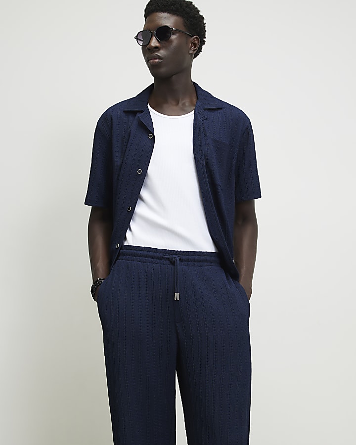Navy Slim Fit Textured Open Hem Joggers