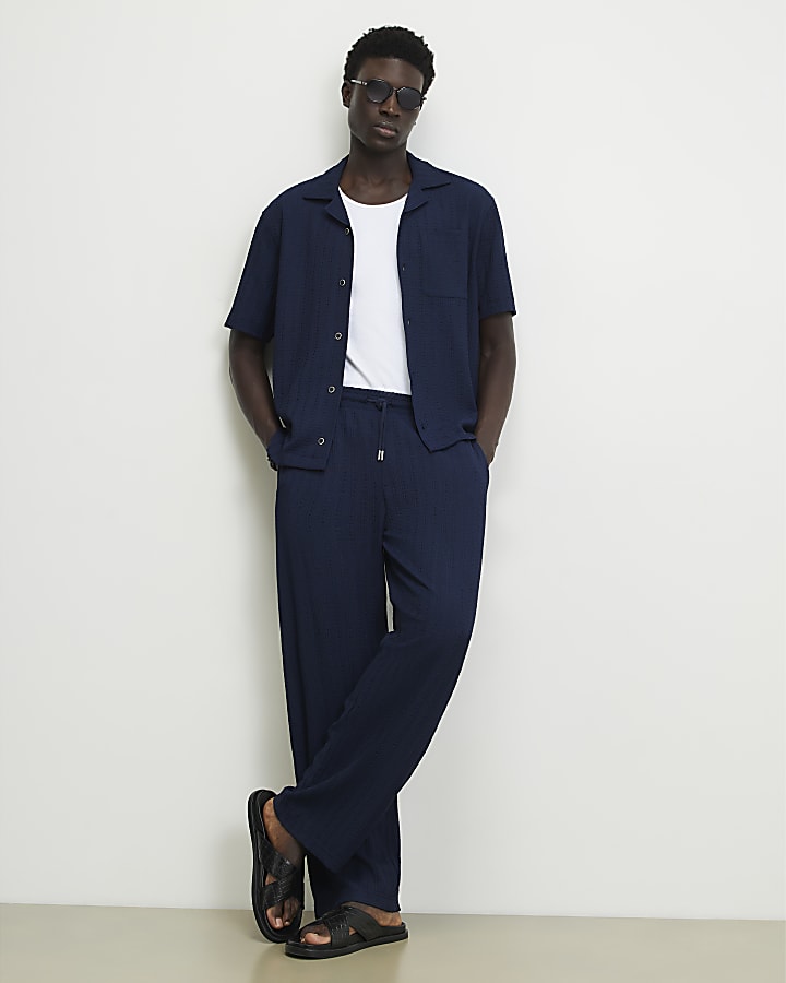 Navy Slim Fit Textured Open Hem Joggers