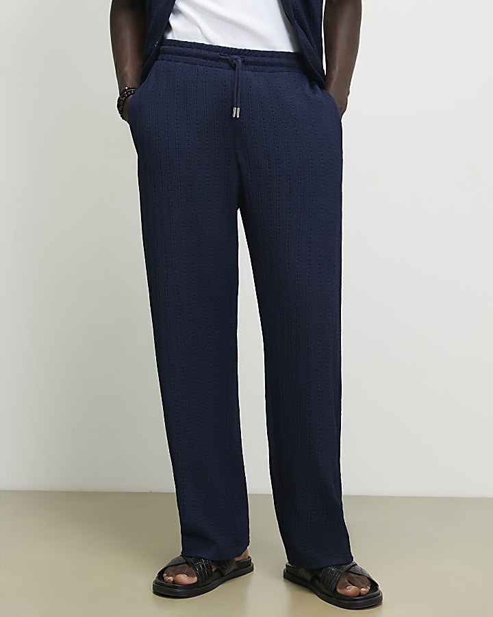 Navy Slim Fit Textured Open Hem Joggers