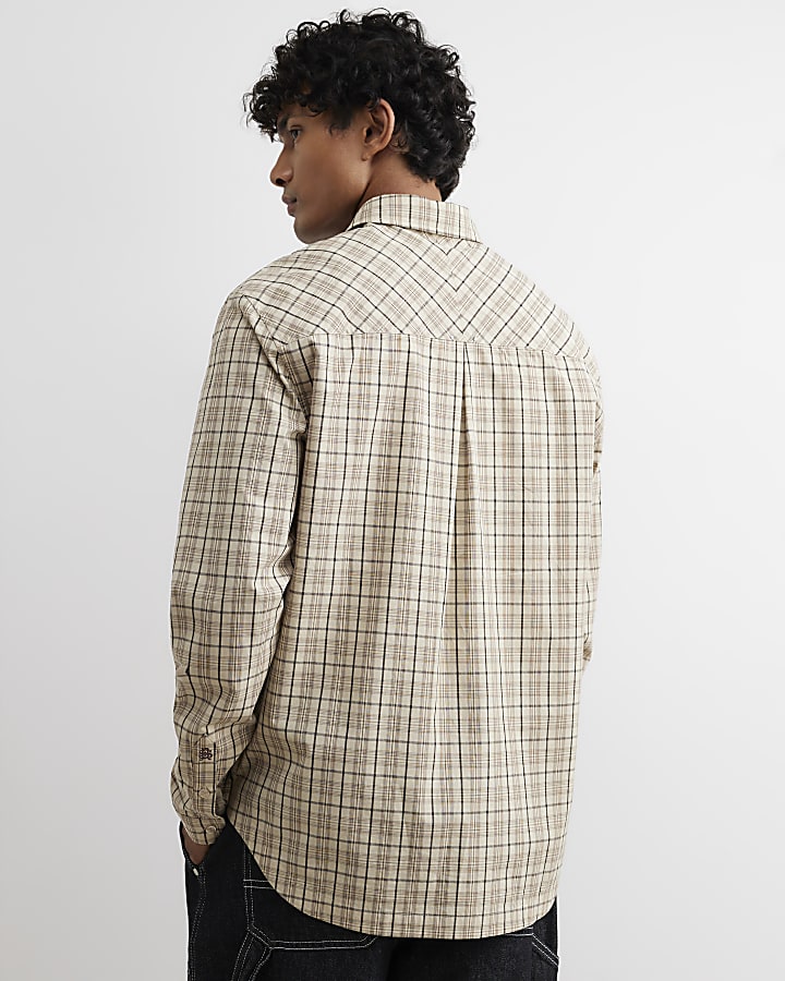 Beige Oversized Fit Cotton Check Shirt