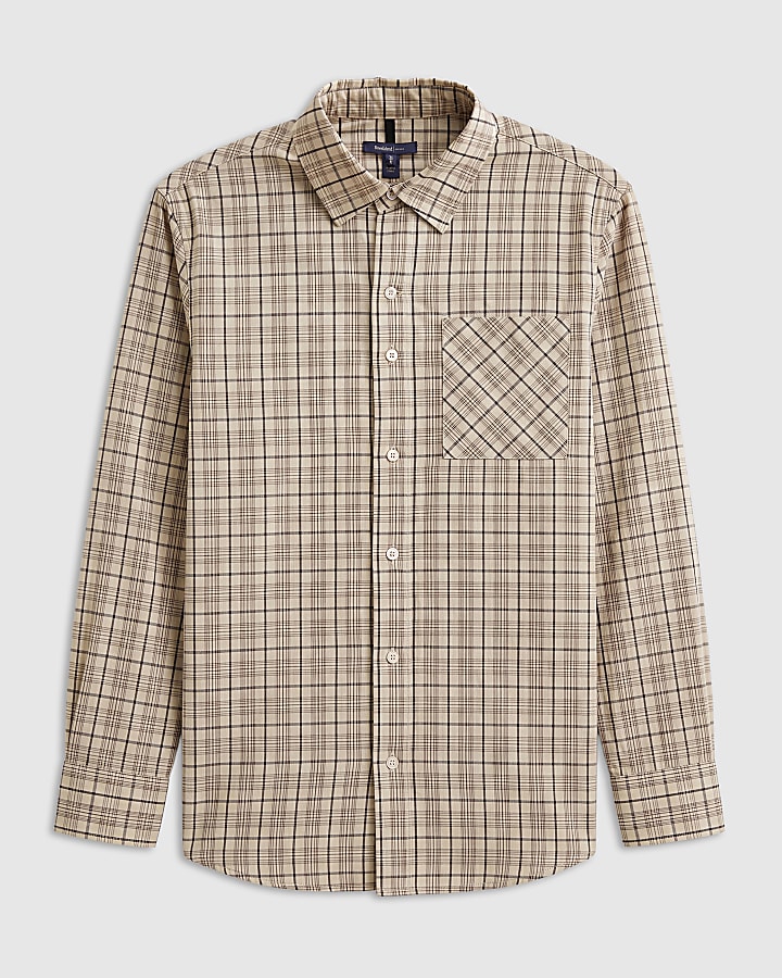 Beige Oversized Fit Cotton Check Shirt
