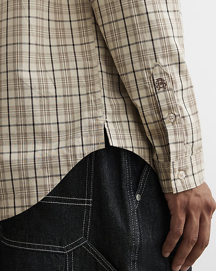Beige Oversized Fit Cotton Check Shirt