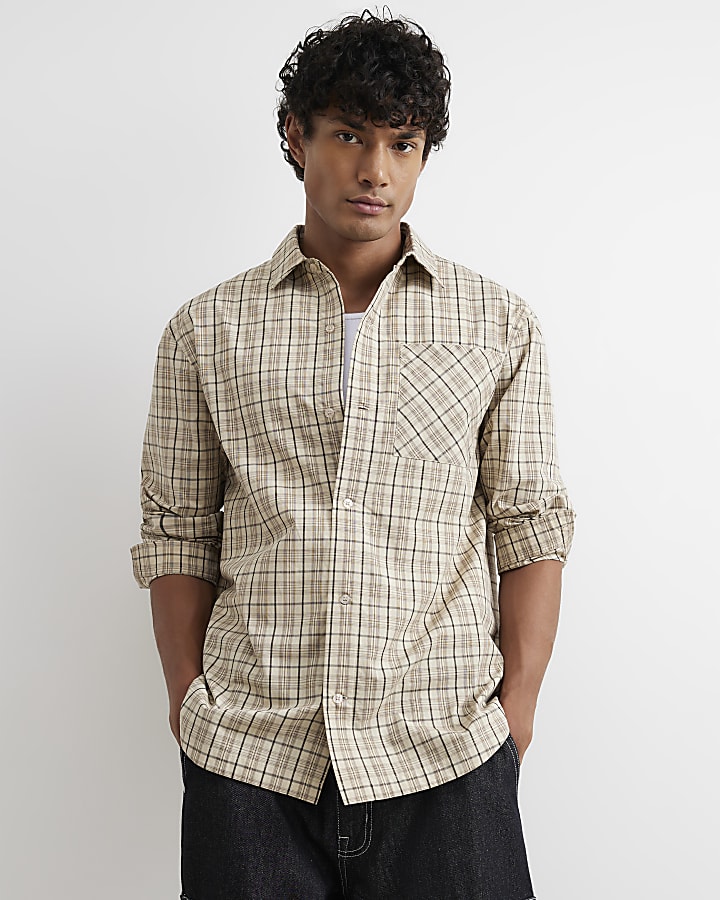 Beige Oversized Fit Cotton Check Shirt