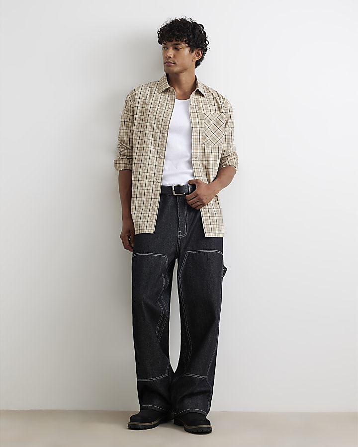 Beige Oversized Fit Cotton Check Shirt