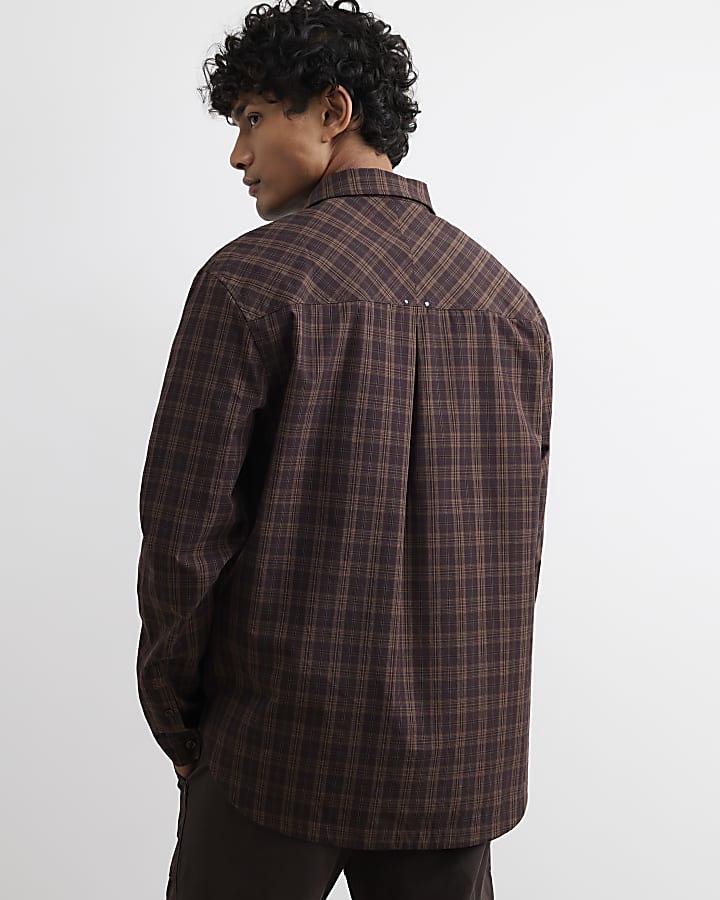 Brown Oversized Fit Cotton Check Shirt