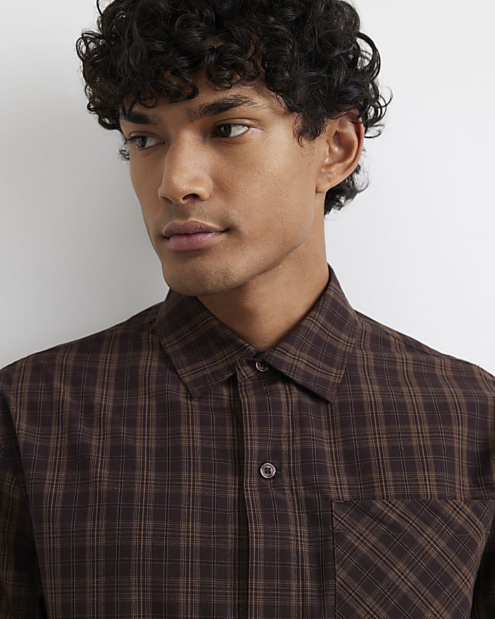 Brown Oversized Fit Cotton Check Shirt