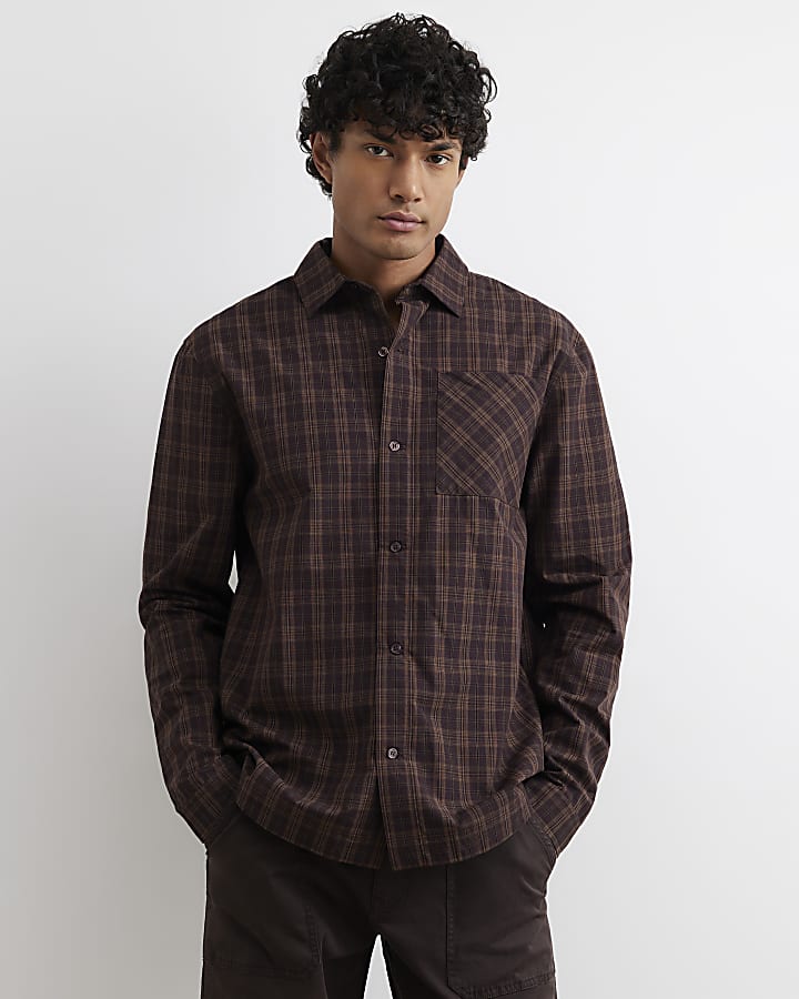 Brown Oversized Fit Cotton Check Shirt