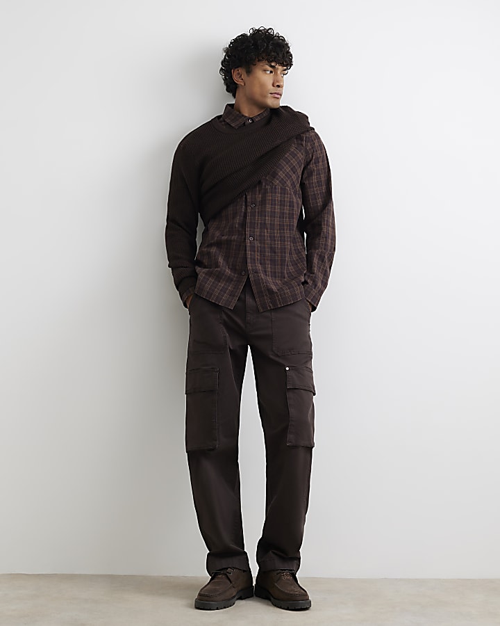 Brown Oversized Fit Cotton Check Shirt