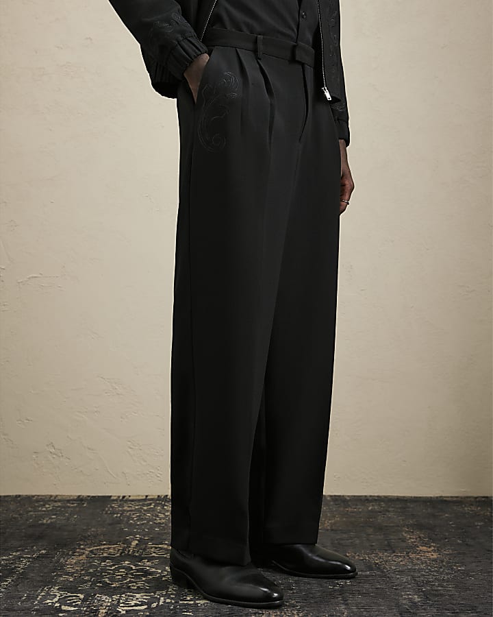 Black Embroidered Baroque Wide Leg Trousers