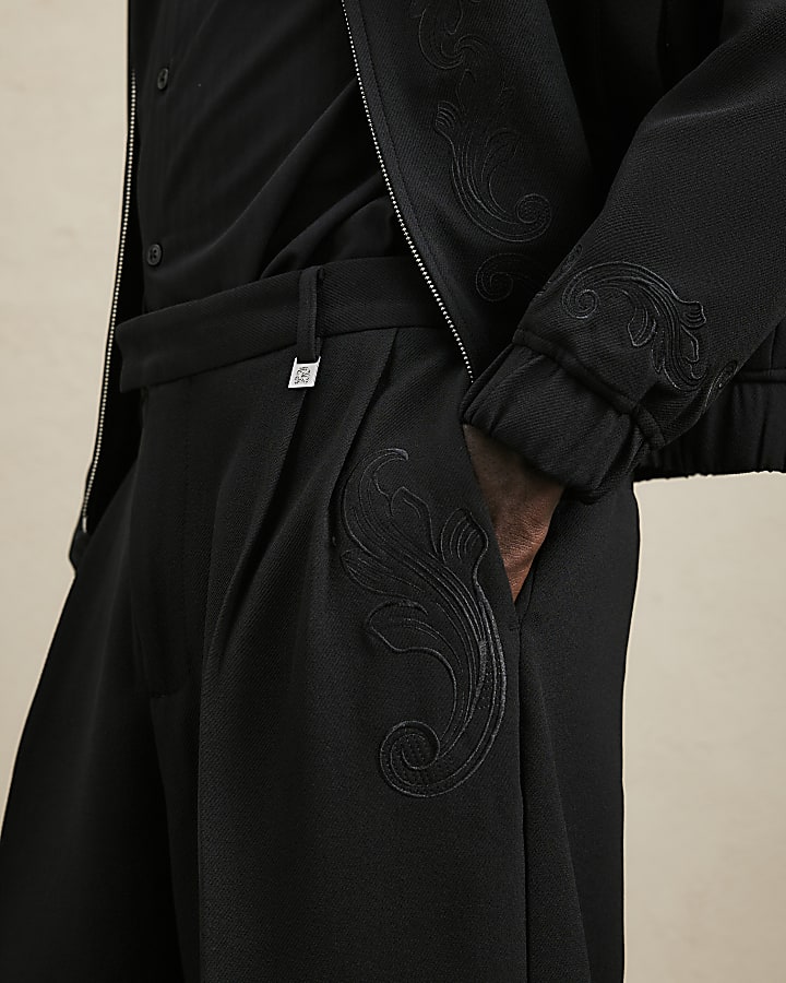 Black Embroidered Baroque Wide Leg Trousers