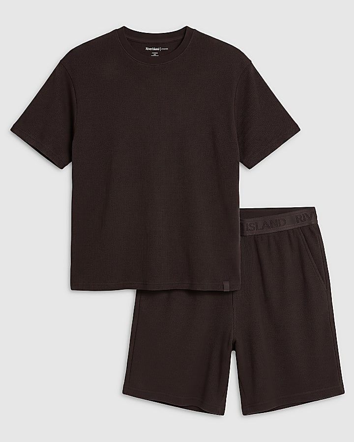 Brown Cotton Waffle Textured Loungewear Set