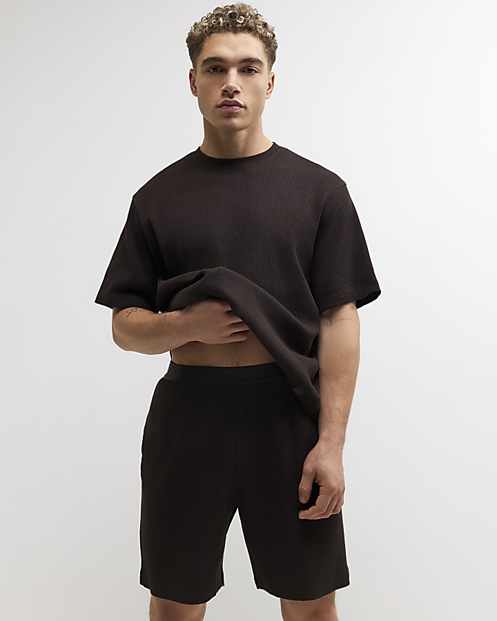 Brown Cotton Waffle Textured Loungewear Set