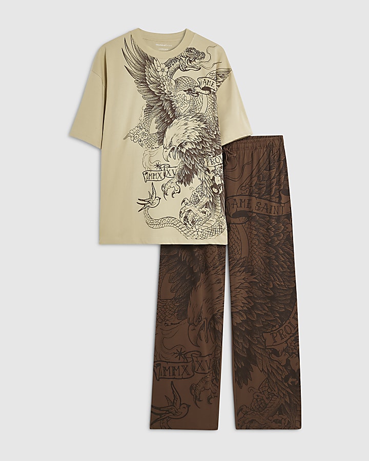 Brown Japanese Print Loungewear Set