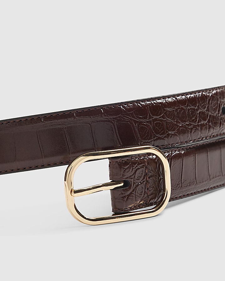 Brown Faux Leather Croc Buckle Belt