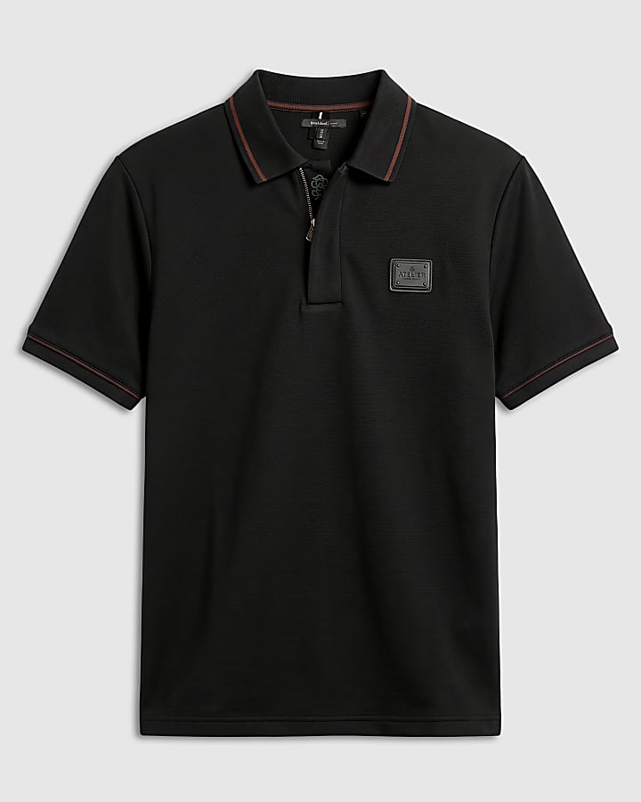 Black Slim Fit Pique Badge Polo Shirt