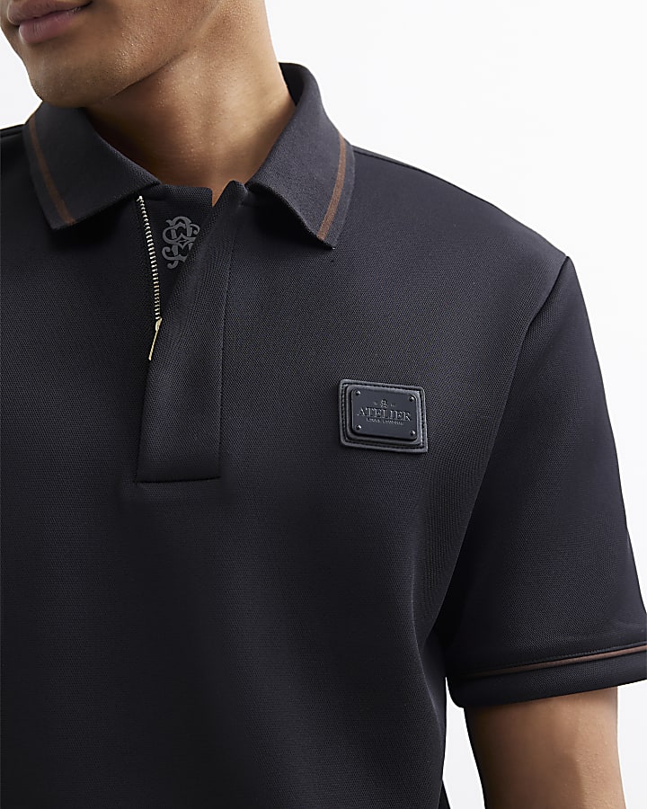 Black Slim Fit Pique Badge Polo Shirt