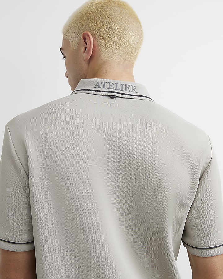 Grey Slim Fit Pique Badge Polo Shirt