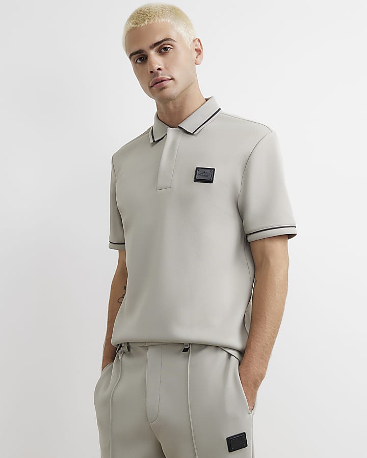 Grey Slim Fit Pique Badge Polo Shirt