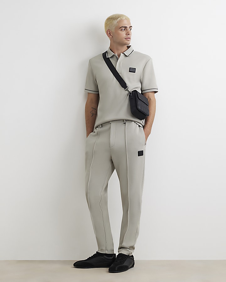 Grey Slim Fit Pique Badge Polo Shirt