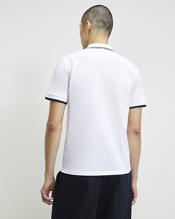 White Slim Fit Tipped Cotton Zip Polo Shirt