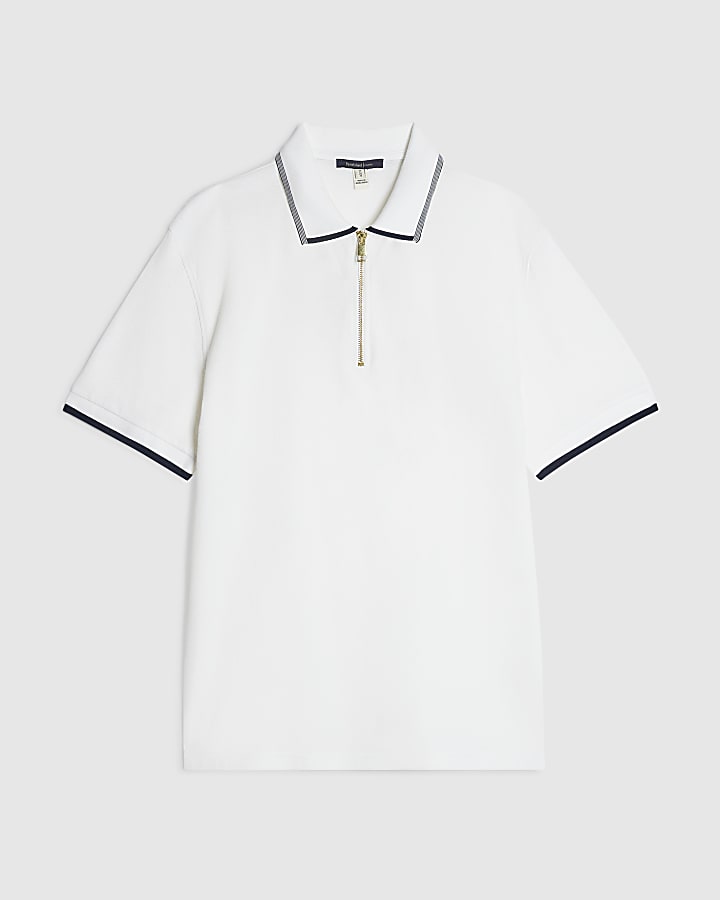 White Slim Fit Tipped Cotton Zip Polo Shirt