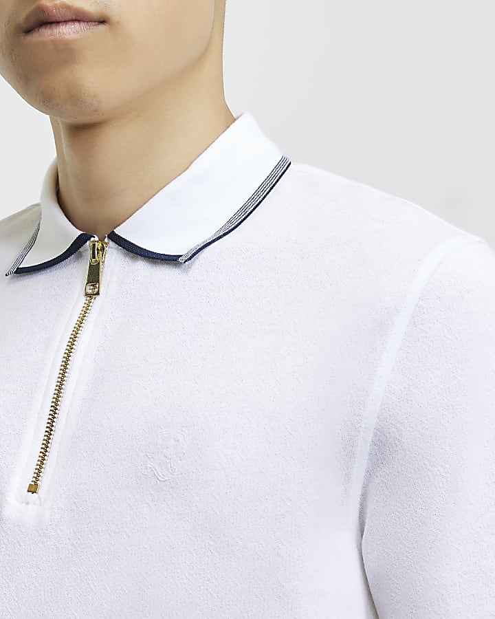 White Slim Fit Tipped Cotton Zip Polo Shirt