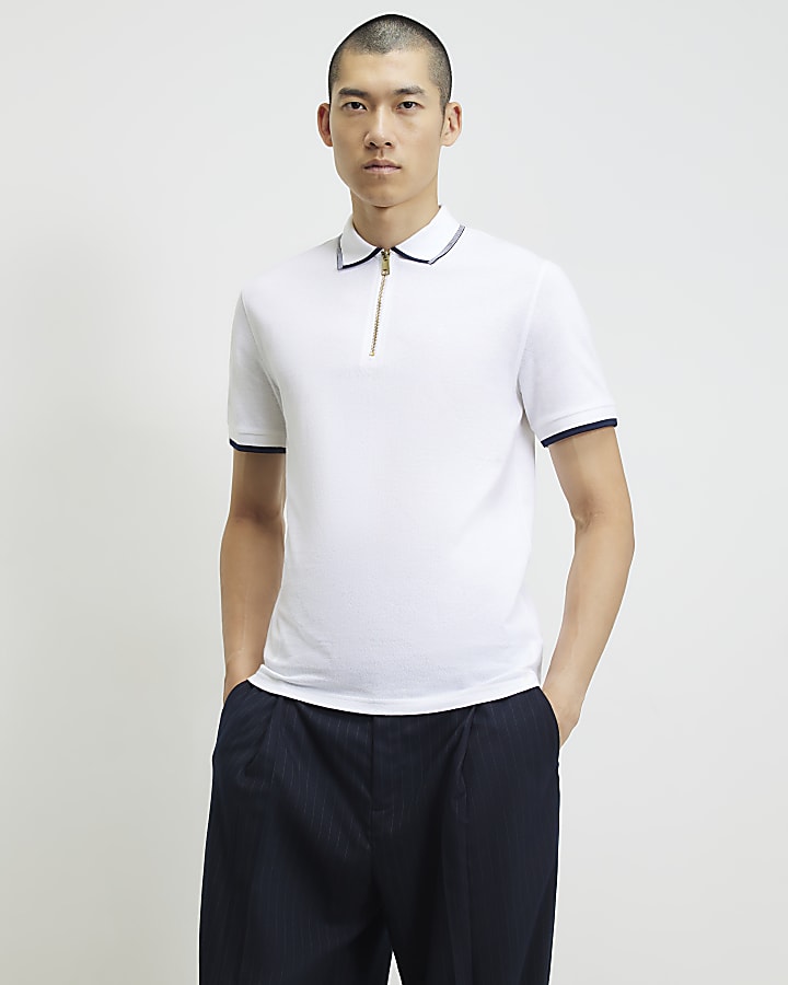 White Slim Fit Tipped Cotton Zip Polo Shirt