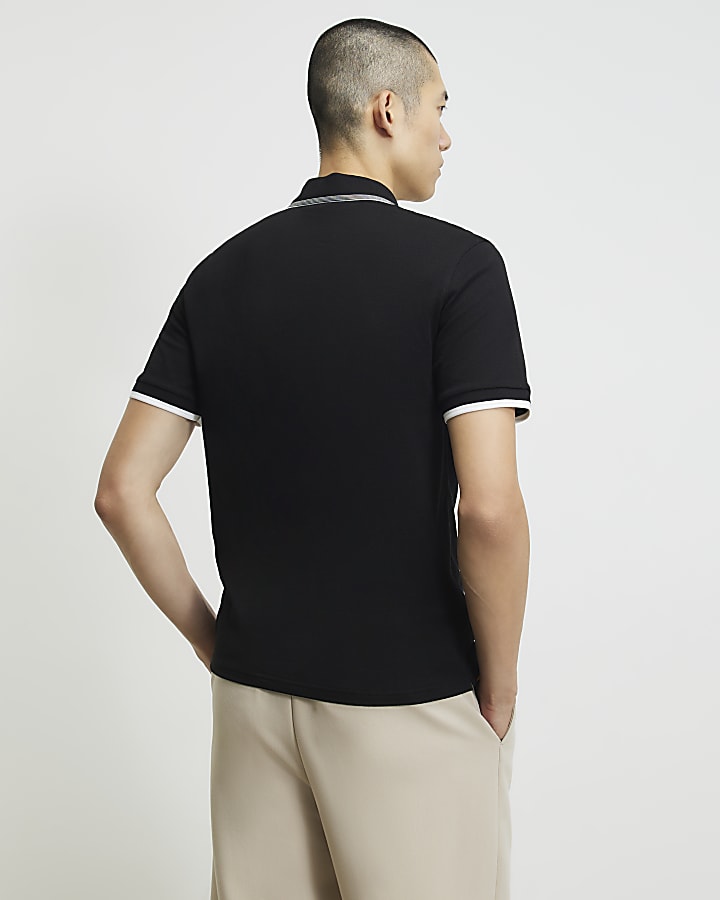 Black Slim Fit Tipped Cotton Zip Polo Shirt