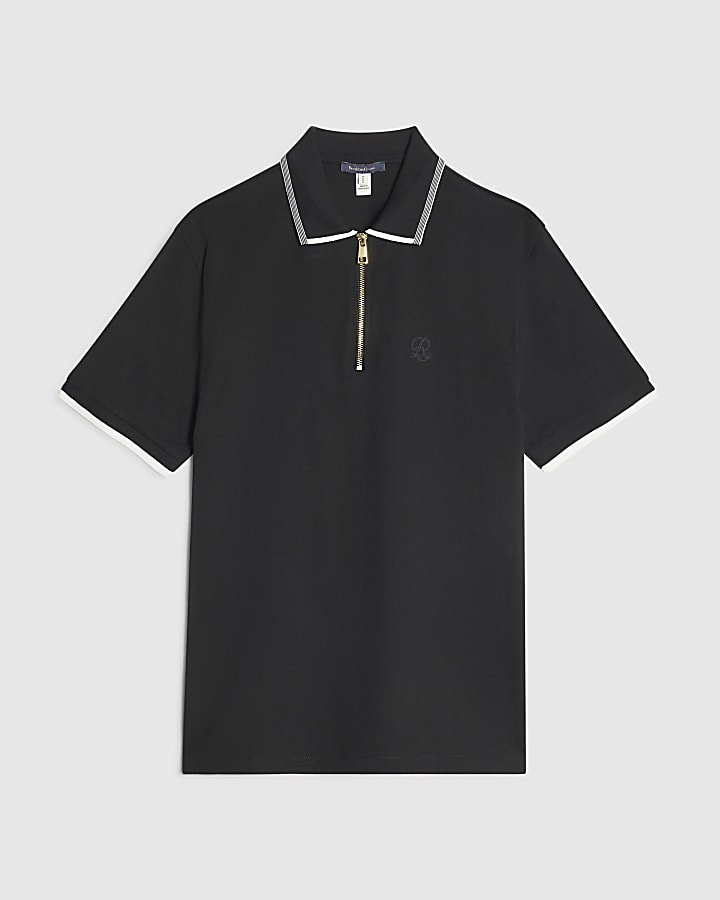 Black Slim Fit Tipped Cotton Zip Polo Shirt