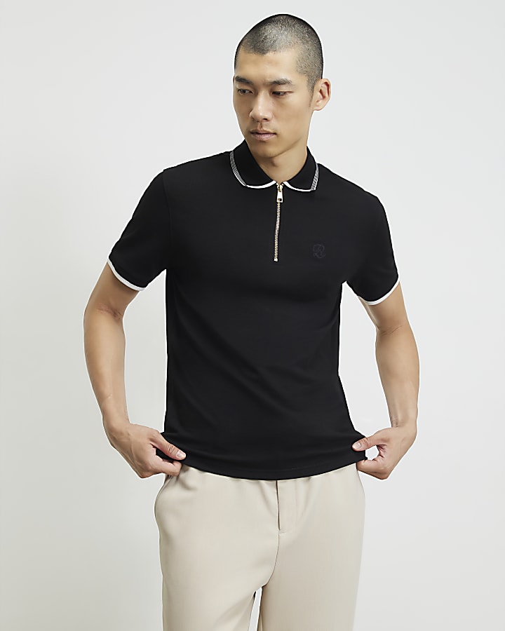 Black Slim Fit Tipped Cotton Zip Polo Shirt