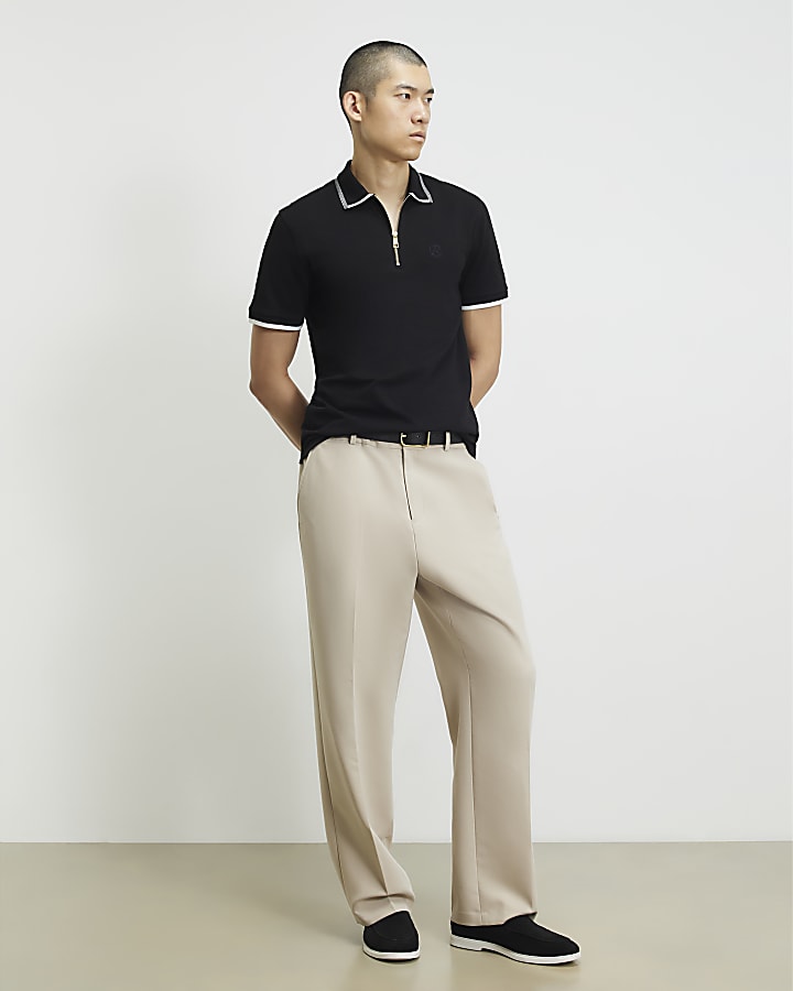 Black Slim Fit Tipped Cotton Zip Polo Shirt