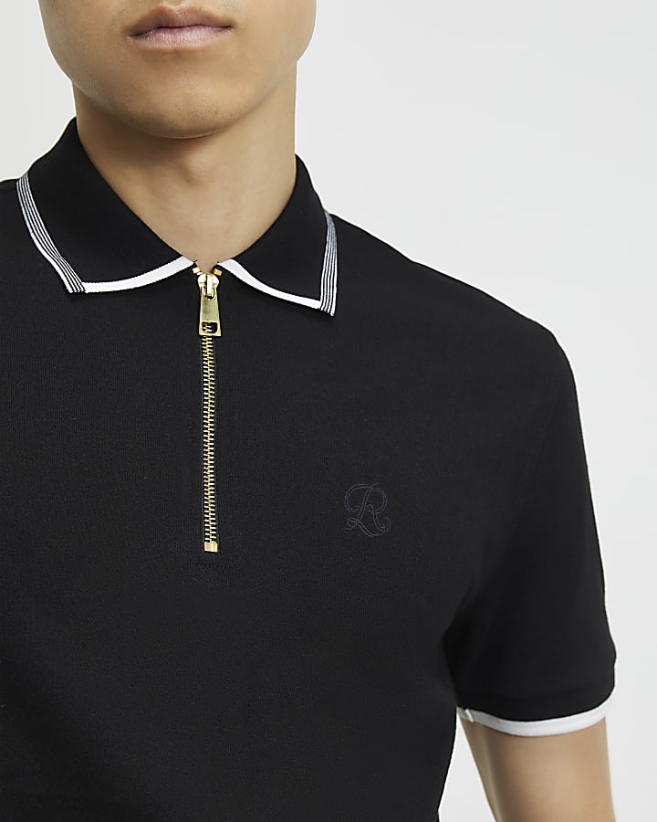 Black Slim Fit Tipped Cotton Zip Polo Shirt