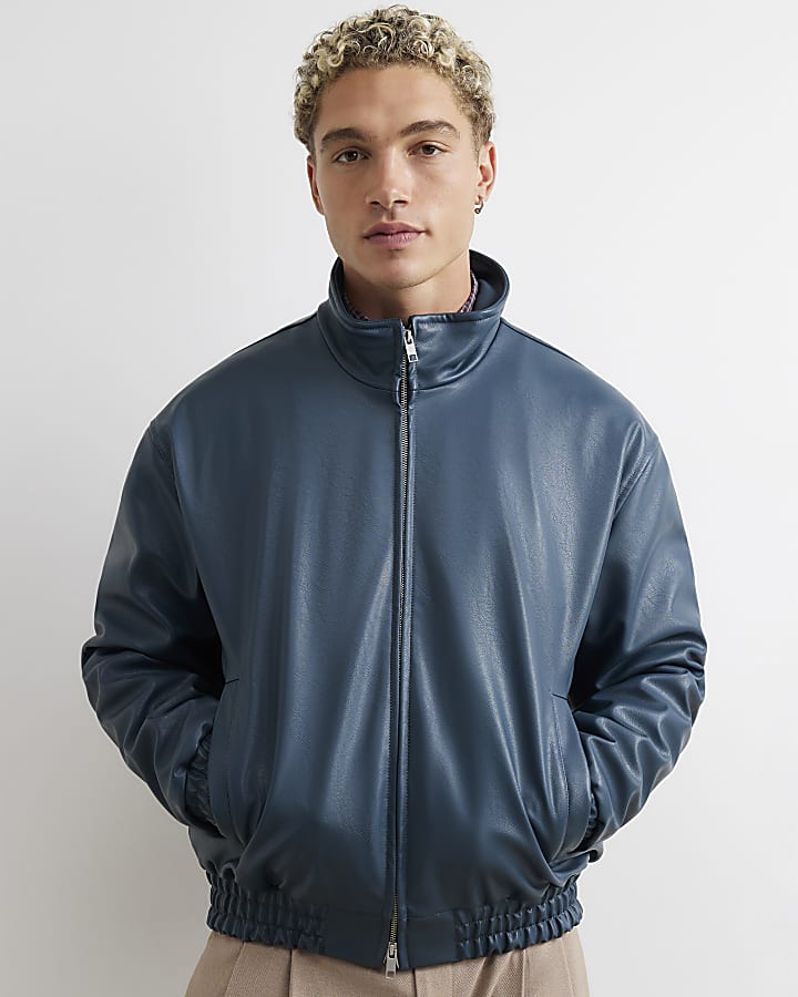 Blue Faux Leather Embroidered Bomber Jacket 