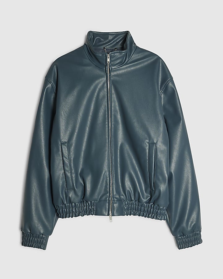 Blue Faux Leather Embroidered Bomber Jacket 
