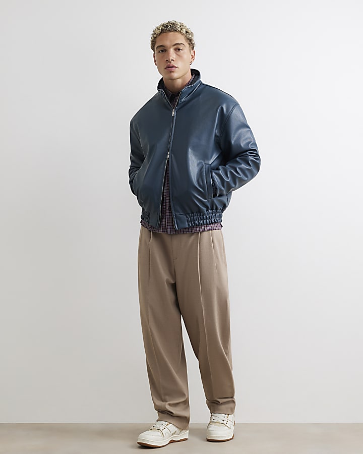 Blue Faux Leather Embroidered Bomber Jacket 