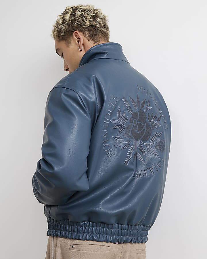 Blue Faux Leather Embroidered Bomber Jacket 