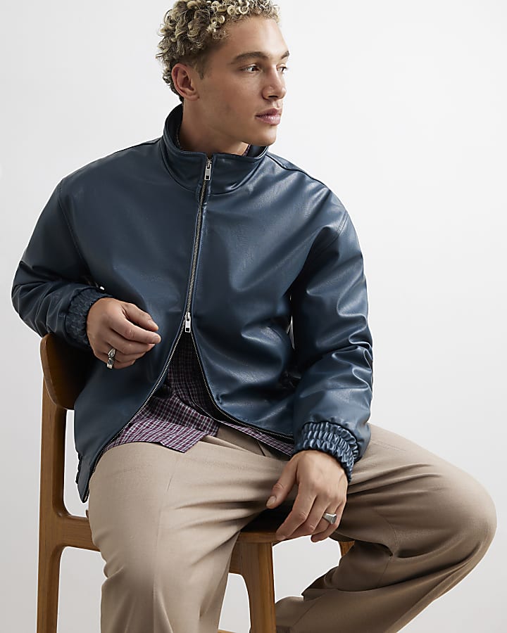 Blue Faux Leather Embroidered Bomber Jacket 