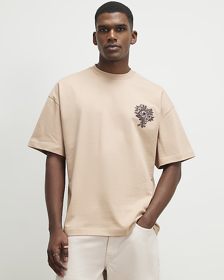 Beige Cotton Flower Bouquet T-Shirt
