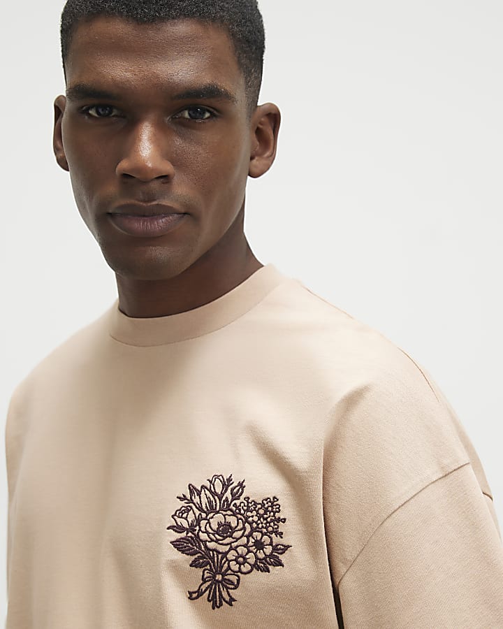 Beige Cotton Flower Bouquet T-Shirt