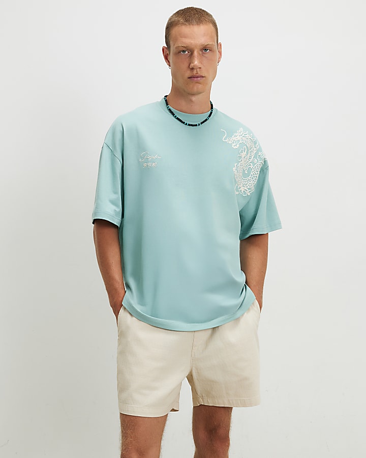Blue Cotton Dragon Flower Embroidery T-Shirt