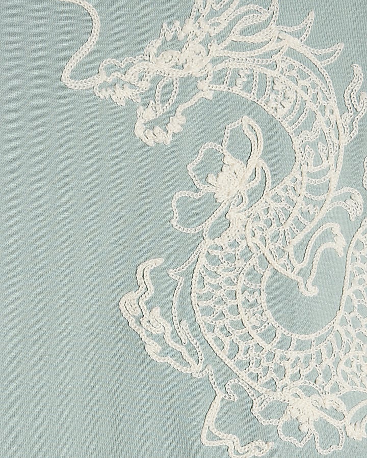 Blue Cotton Dragon Flower Embroidery T-Shirt