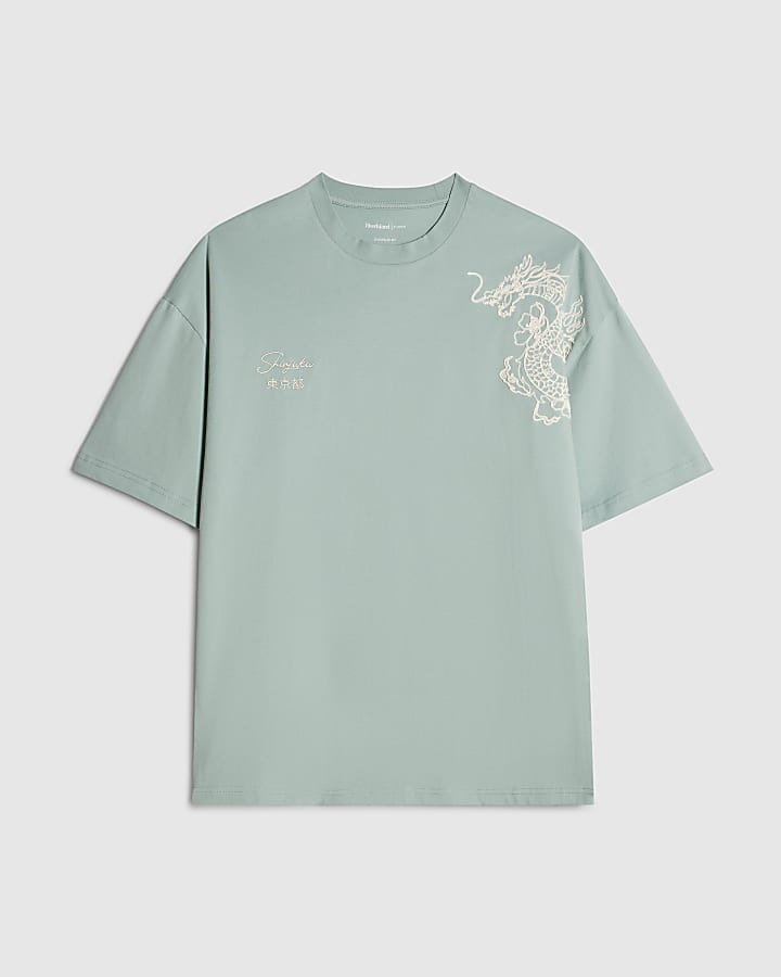 Blue Cotton Dragon Flower Embroidery T-Shirt