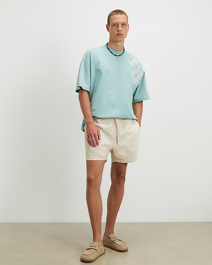 Blue Cotton Dragon Flower Embroidery T-Shirt