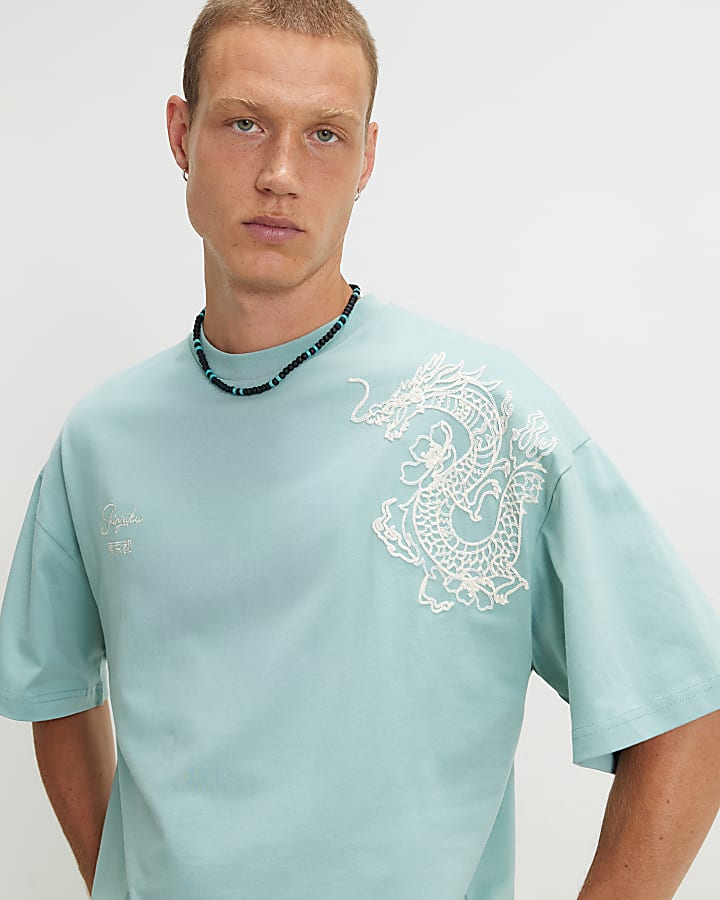 Blue Cotton Dragon Flower Embroidery T-Shirt