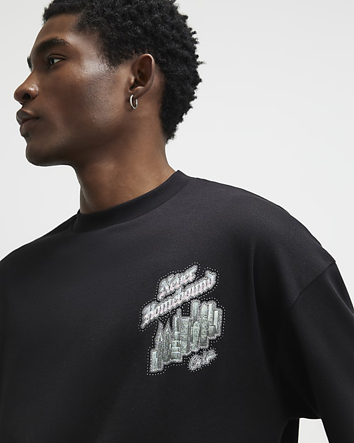 Black Oversized Fit Homebound Glitter T-Shirt