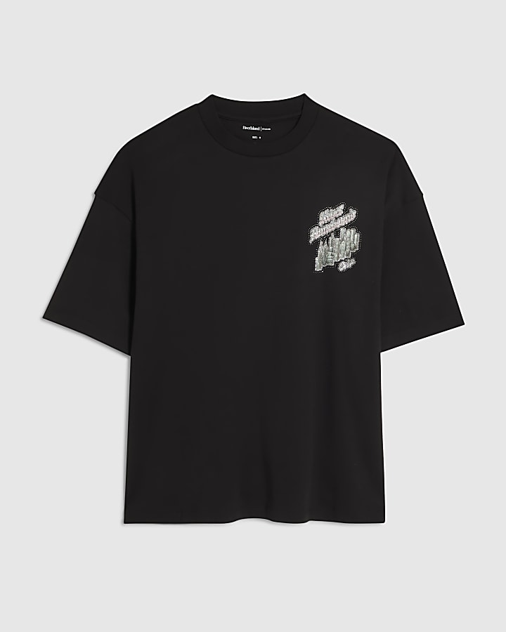 Black Oversized Fit Homebound Glitter T-Shirt