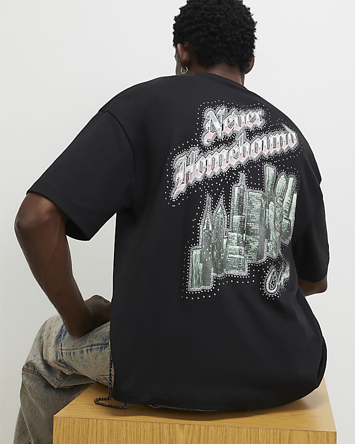 Black Oversized Fit Homebound Glitter T-Shirt