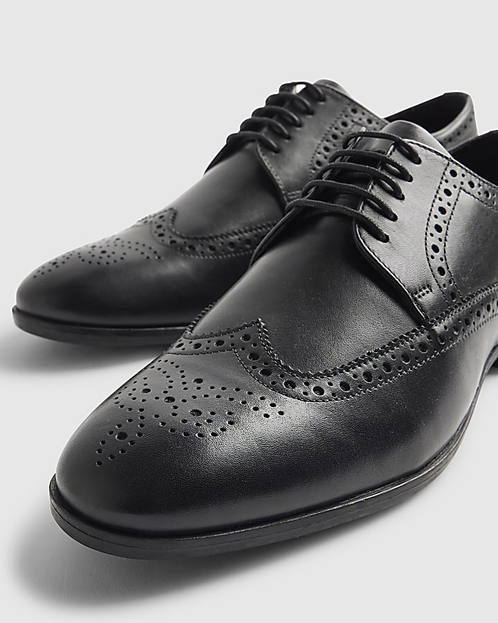 Black Wide Fit Leather Brogue Shoes