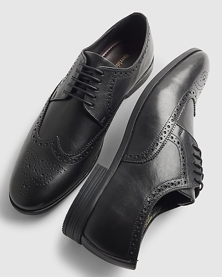 Black Wide Fit Leather Brogue Shoes