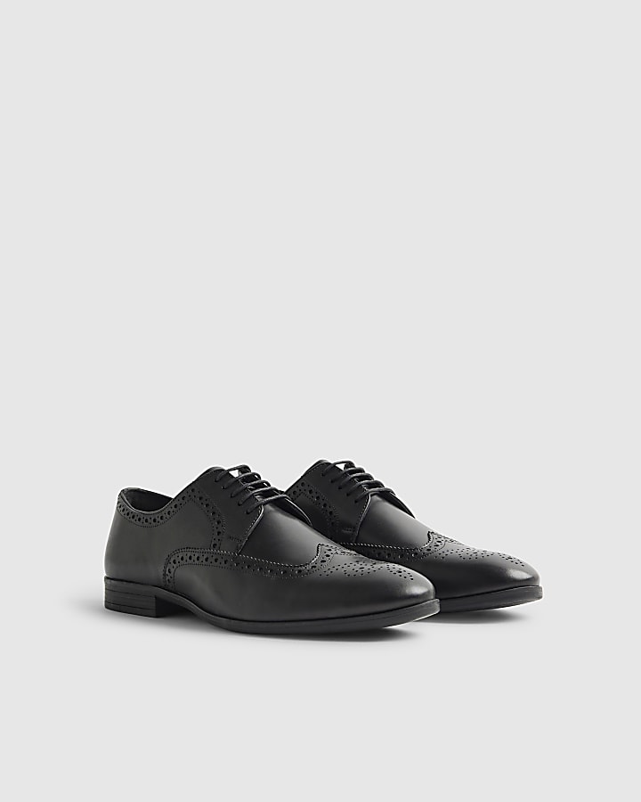 Black Wide Fit Leather Brogue Shoes